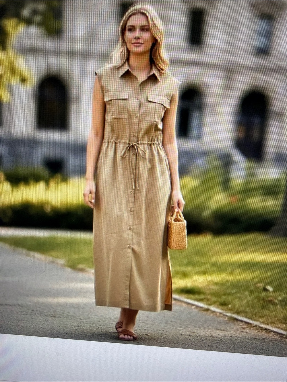 NWT Mocha Taffy Collard Button-Front Cinched Tie Waist Midi Shirt Dress School L